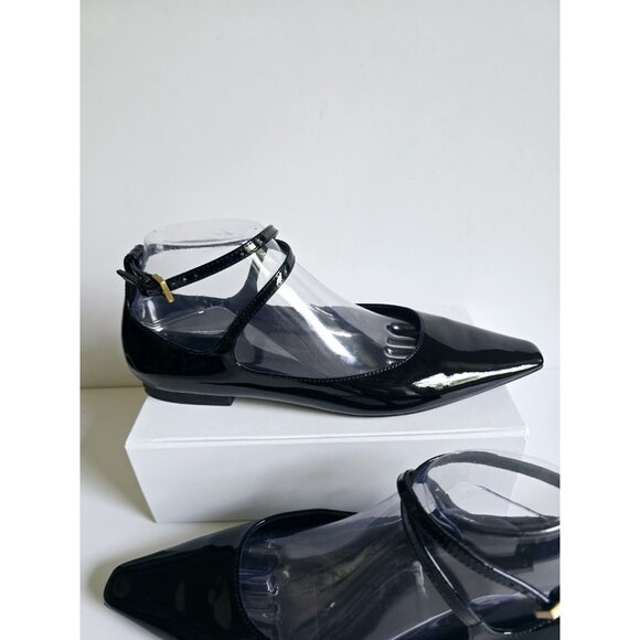 Massimo Dutti Patent Leather Black Ballet Flats Buckle Strappy Pointed Toe 39 8 - Picture 2 of 14
